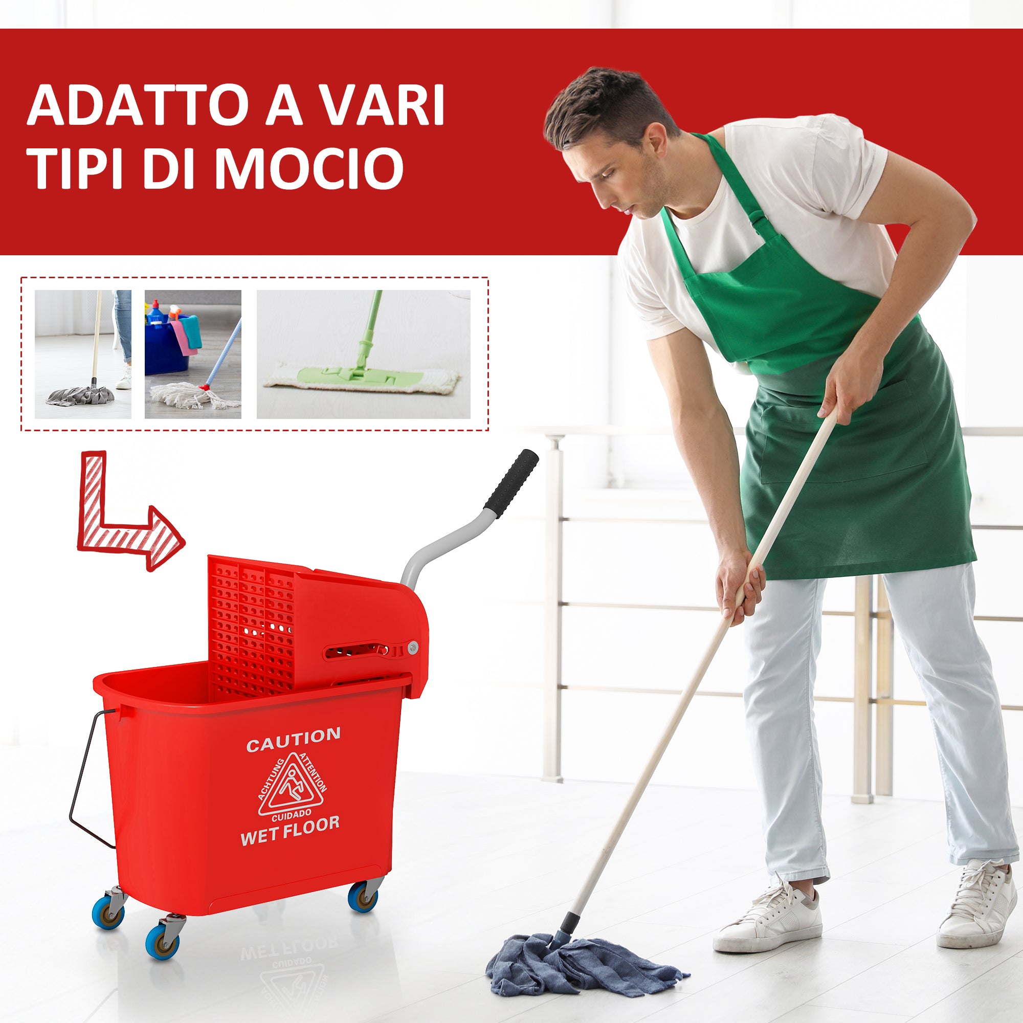 HOMCOM Cleaning Trolley Floor Mop with Wringer 60x27x70.5cm Red