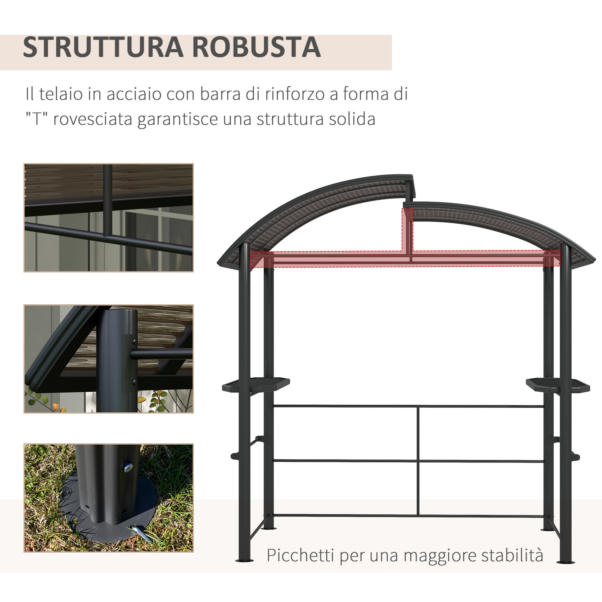 Outsunny Gazebo for Barbecue with Roof and 2 Storage Shelves, in Metal and PC, 240x150x230cm, Dark Gray - Borgè