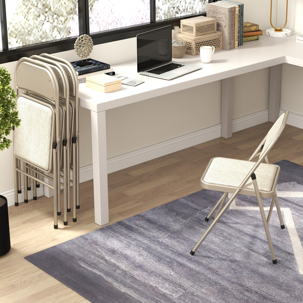 Set of 4 Folding Chairs with Upholstered Polyester Seat and Steel Frame, Beige