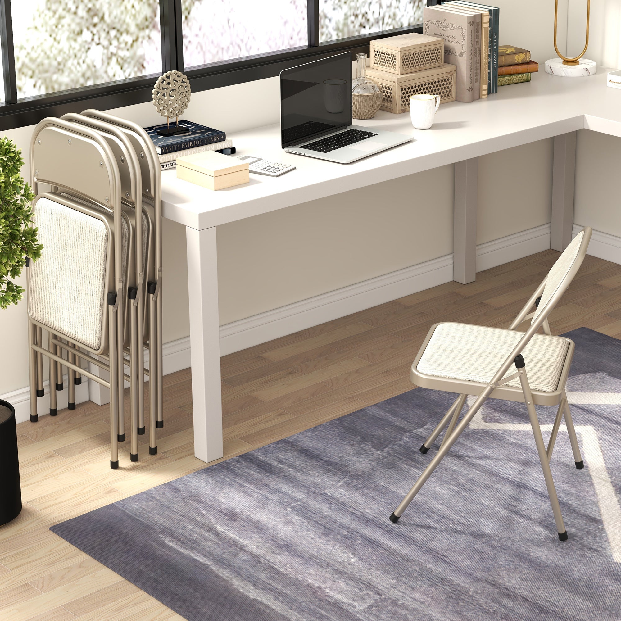 Set of 4 Folding Chairs with Upholstered Polyester Seat and Steel Frame, Beige