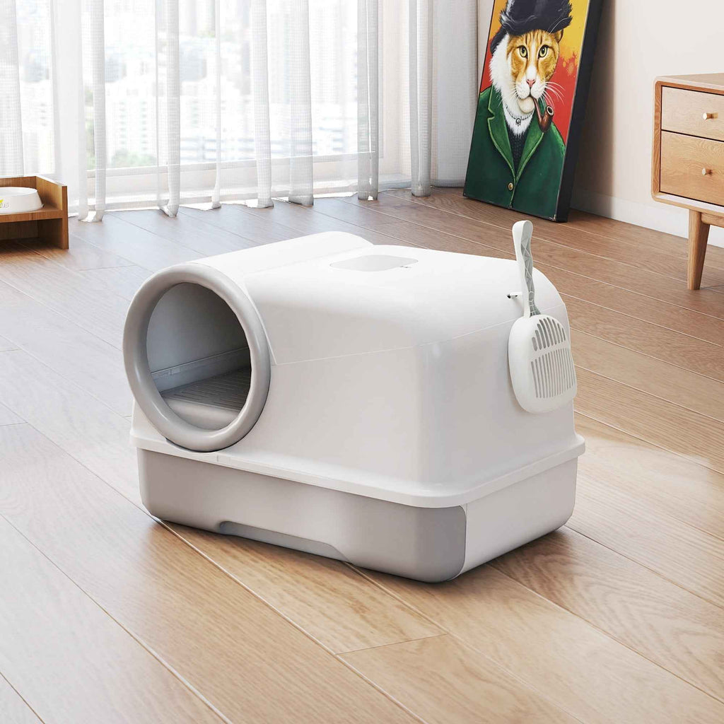 PawHut Enclosed Cat Litter Box with Tray, Scoop and Deodorant Bags, in PP, 59x39.5x39.5 cm, White and Grey
