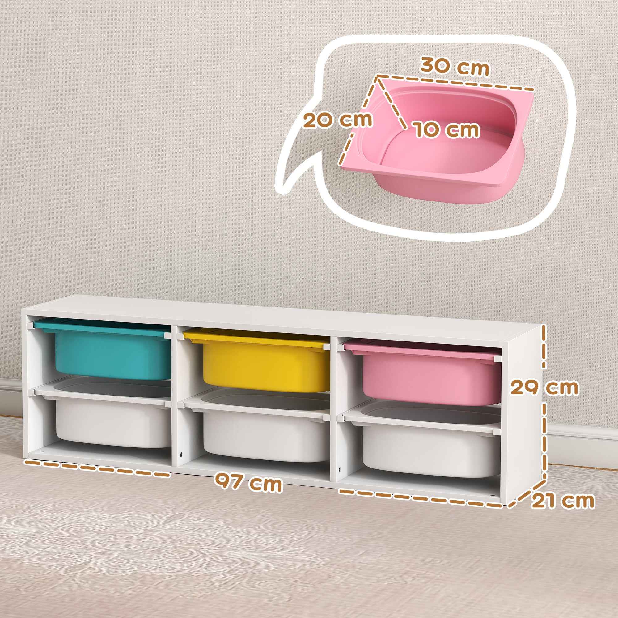 AIYAPLAY Children's Wooden Toy Storage Shelf with 6 Removable Plastic Bins, Multicolor