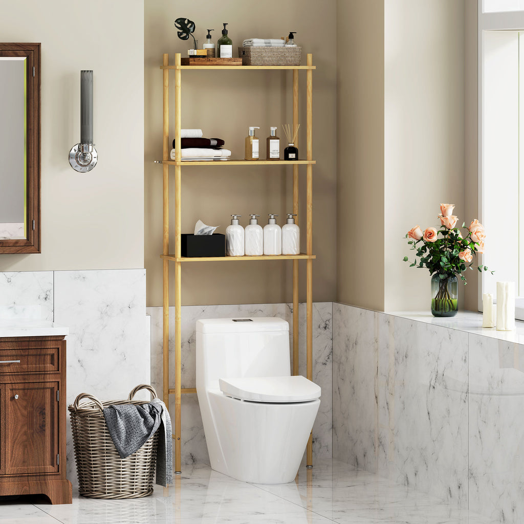 3-Tier Bamboo Slatted Over Toilet Cabinet, Wood Color, 63.5x25.5x181 cm