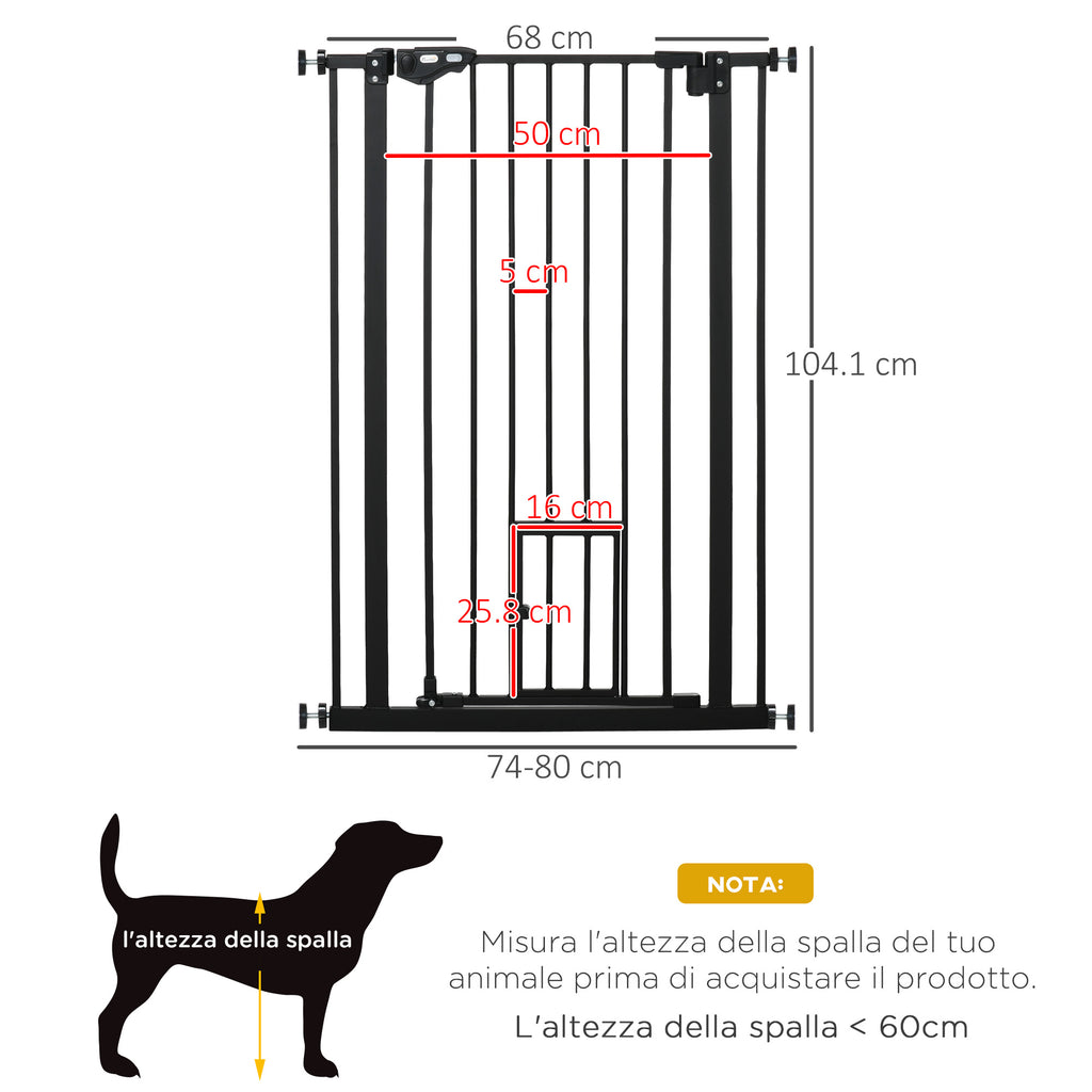 Adjustable Dog Gate with Small Door and Automatic Closure, 74-80x104cm, Black