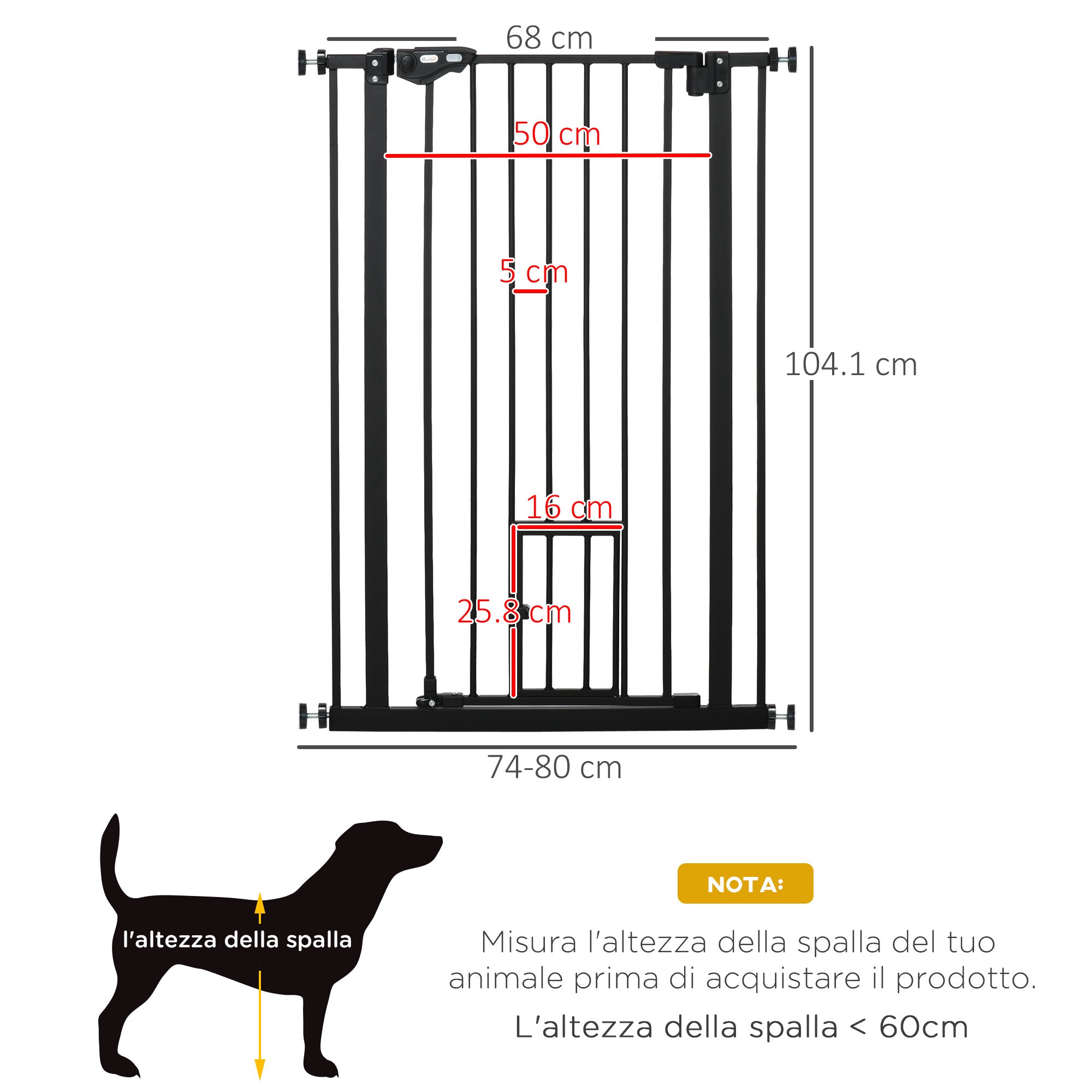 Adjustable Dog Gate with Small Door and Automatic Closure, 74-80x104cm, Black