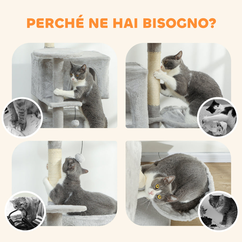 Cat Tree, 140 cm Tall, with 2 Cat Houses, Hammock, Bed and Sisal Posts, Grey