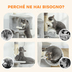 Cat Tree, 140 cm Tall, with 2 Cat Houses, Hammock, Bed and Sisal Posts, Grey