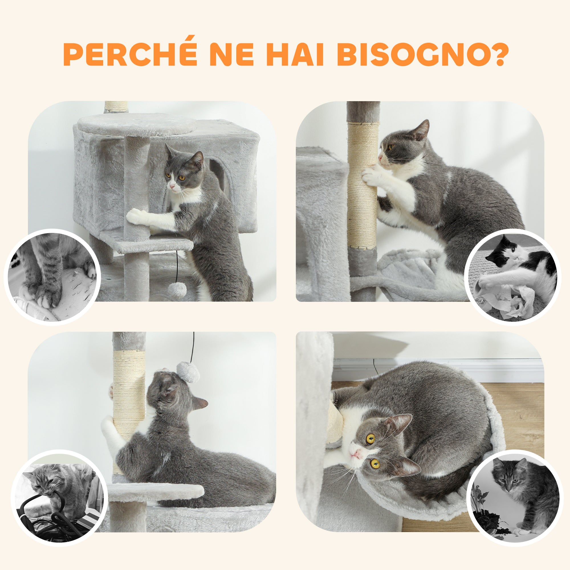 Cat Tree, 140 cm Tall, with 2 Cat Houses, Hammock, Bed and Sisal Posts, Grey