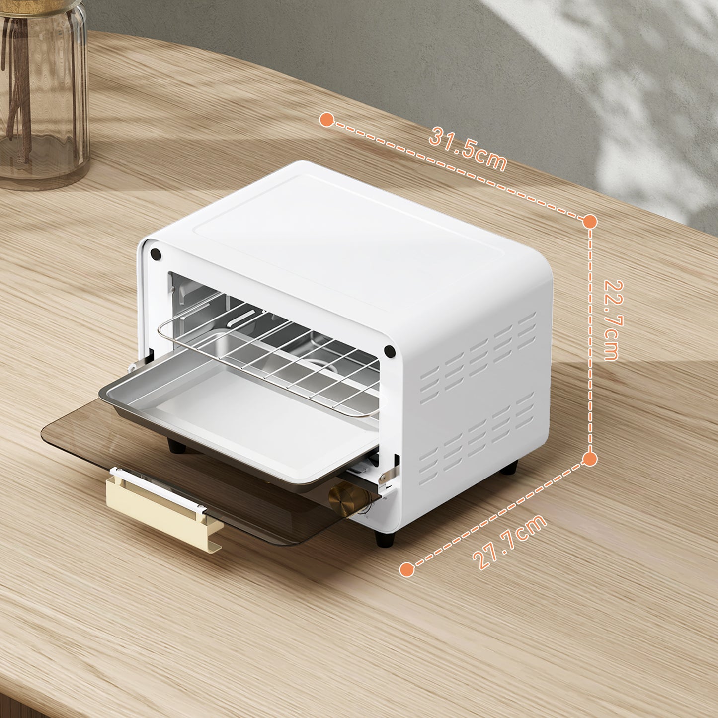 12L Electric Oven with Timer and Adjustable Temperature, in Steel and Plastic, 31.5x27.7x22.7 cm, White and Gold