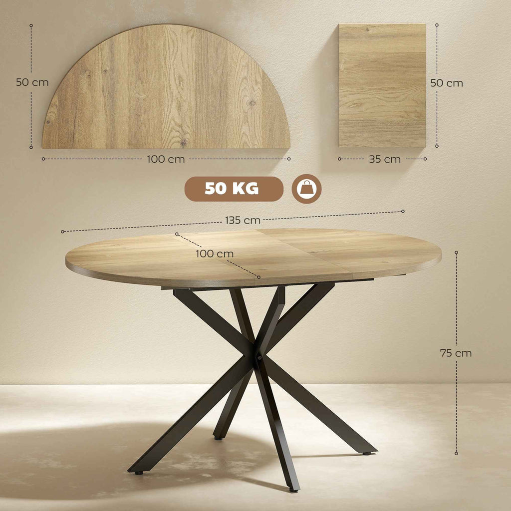 HOMCOM Industrial Dining Table for 4-6 People with Round Drop-Leaf Top, in Wood and Steel, 135x100x75 cm