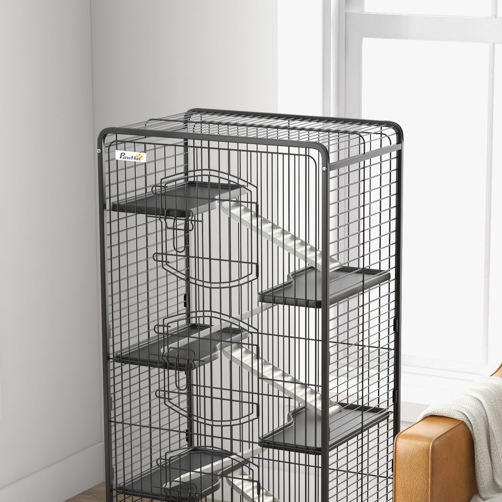 Small Animal Cage with Wheels, 5 Ramps and 5 Platforms, Bowl and Bottle, 61.5x44x131 cm, Black