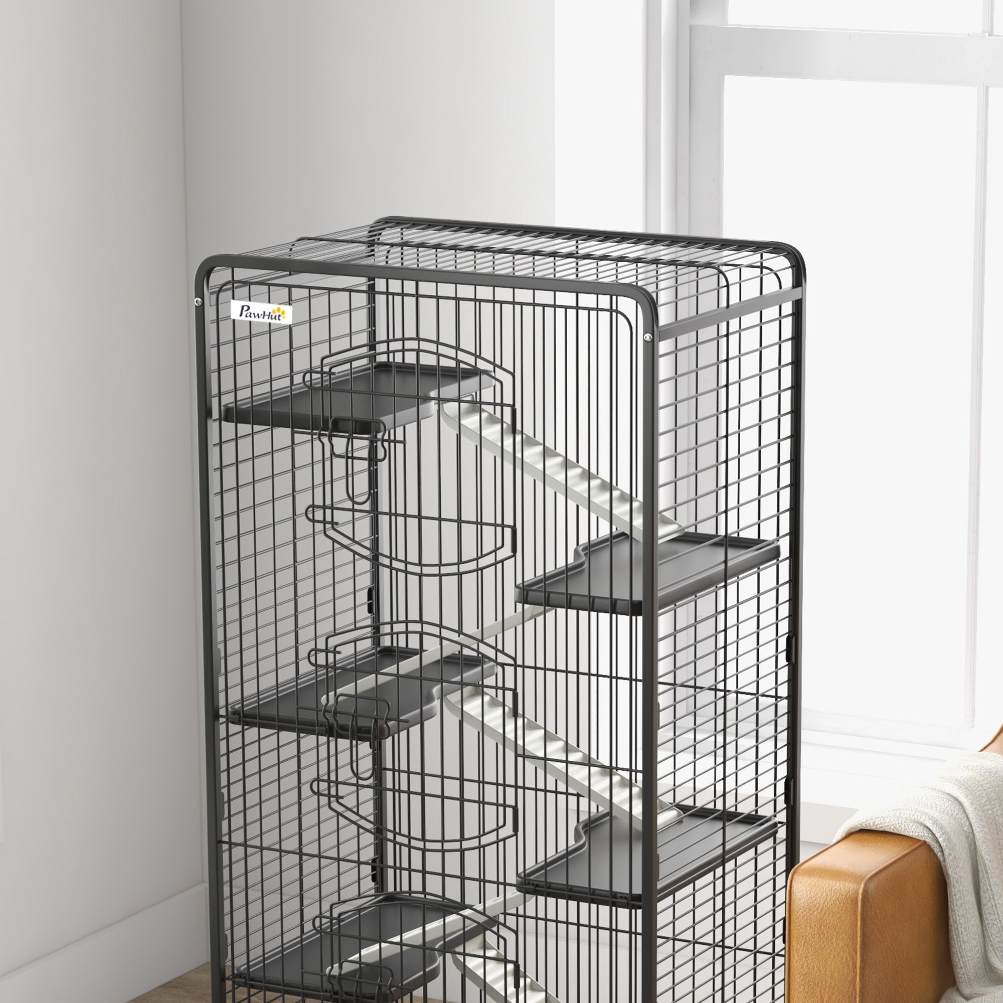 Small Animal Cage with Wheels, 5 Ramps and 5 Platforms, Bowl and Bottle, 61.5x44x131 cm, Black