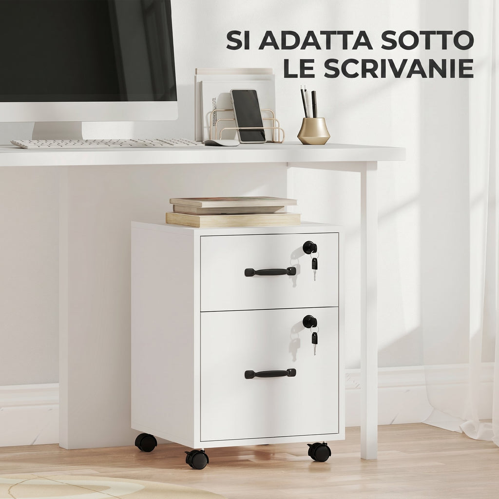 HOMCOM Office Filing Cabinet with 2 Drawers, Lockable Castors, Desk Drawer Unit for Letter/A4 Size, 40x40x54.1 cm, White