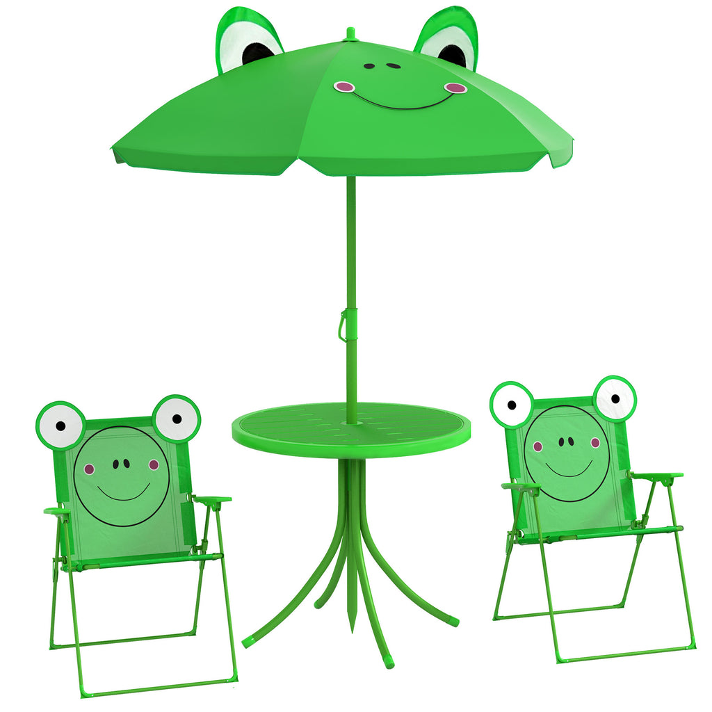 Garden Table and 2 Folding Chairs Set, Outdoor Table and Chairs with Umbrella for Children in Metal and Polyester, Green
