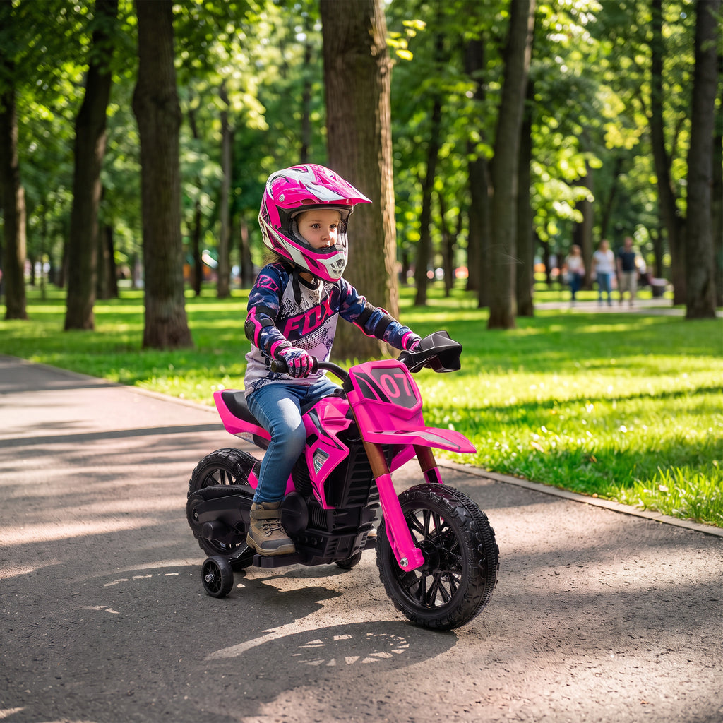 AIYAPLAY Electric Motorcycle for Kids Ages 3-8 with 12V Dual Motors, Training Wheels and Horn, 3 km/h, 30kg Capacity, Pink