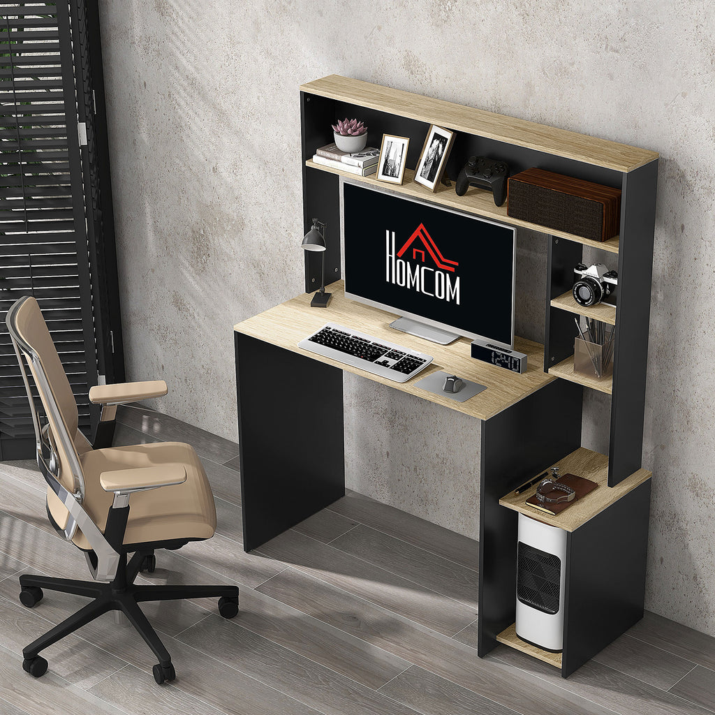 HOMCOM Modern Desk with Shelves and Wooden CPU Support, 114x45x138cm, Gray and Natural Wood - Borgè