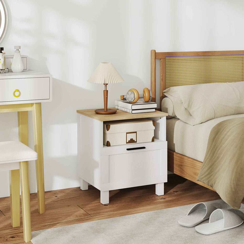 HOMCOM Modern Bedside Table with Drawer and Wooden Shelf, 45x38x50 cm, White and Wood Color