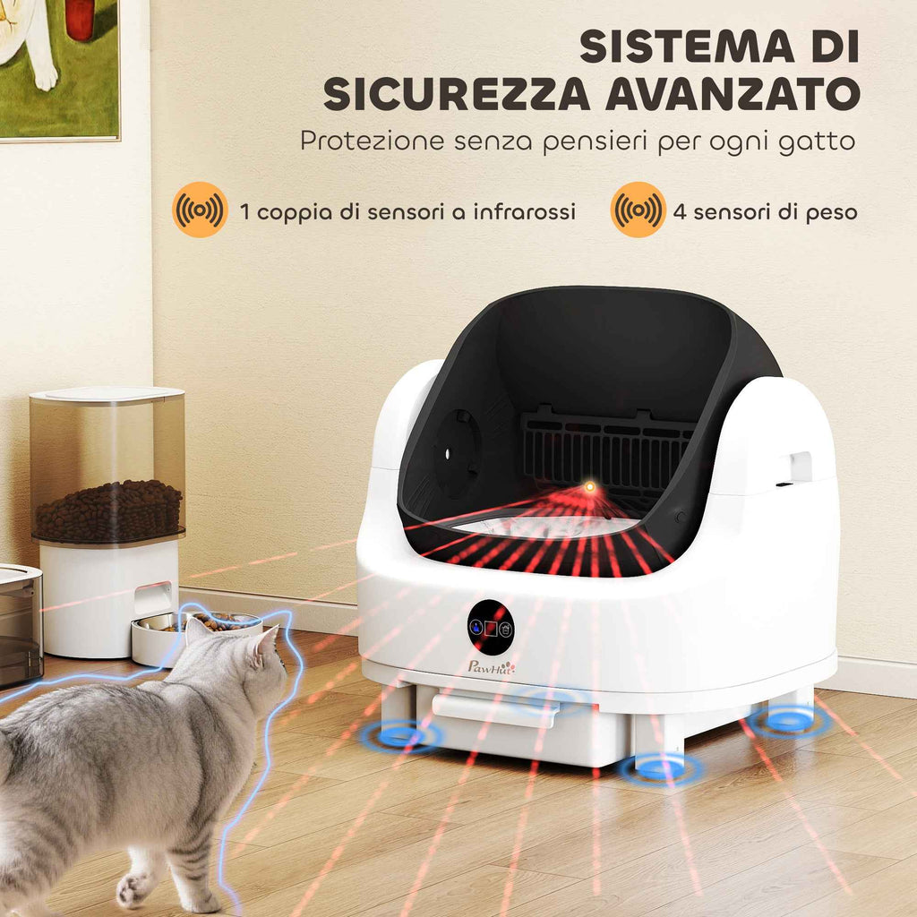 PawHut Self-Cleaning Cat Litter Box with Open Design, Safety Sensors and Deodorizer, White