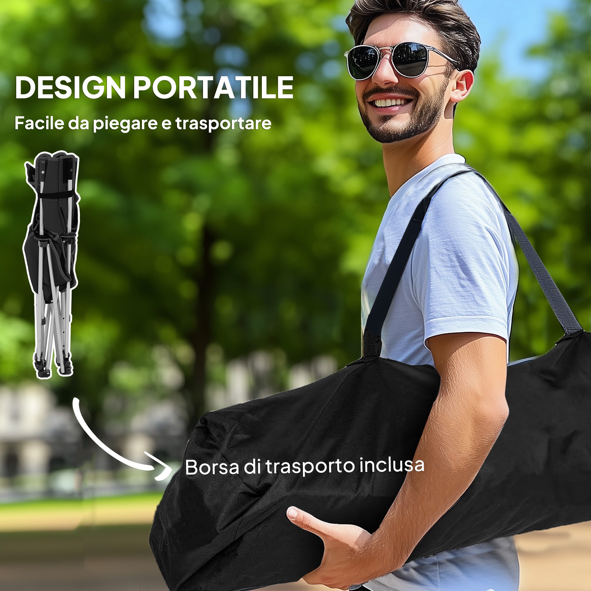 Folding and Reclining Camping Chair with Removable Footrest, Headrest and Cup Holder, Black