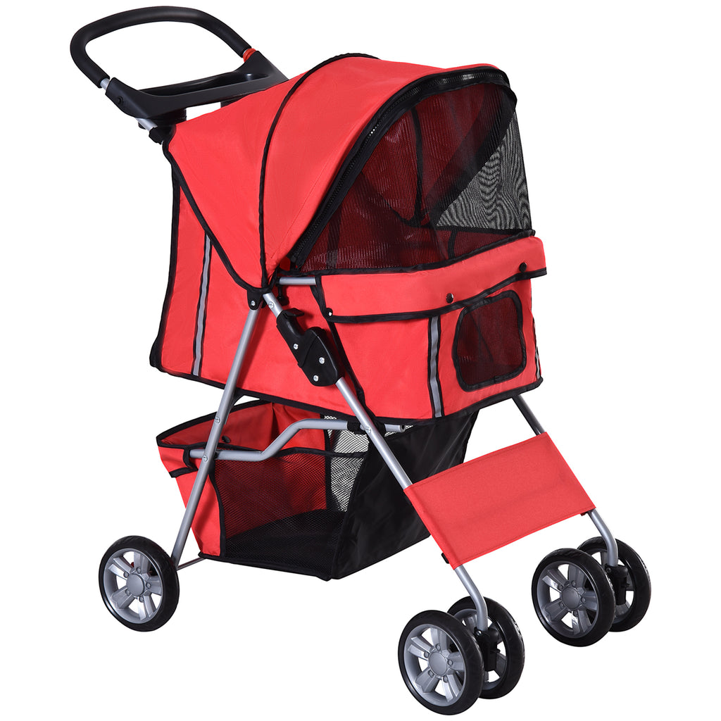 Folding Fabric Dog Stroller with Basket and Cup Holder, 75x45x97cm - Red