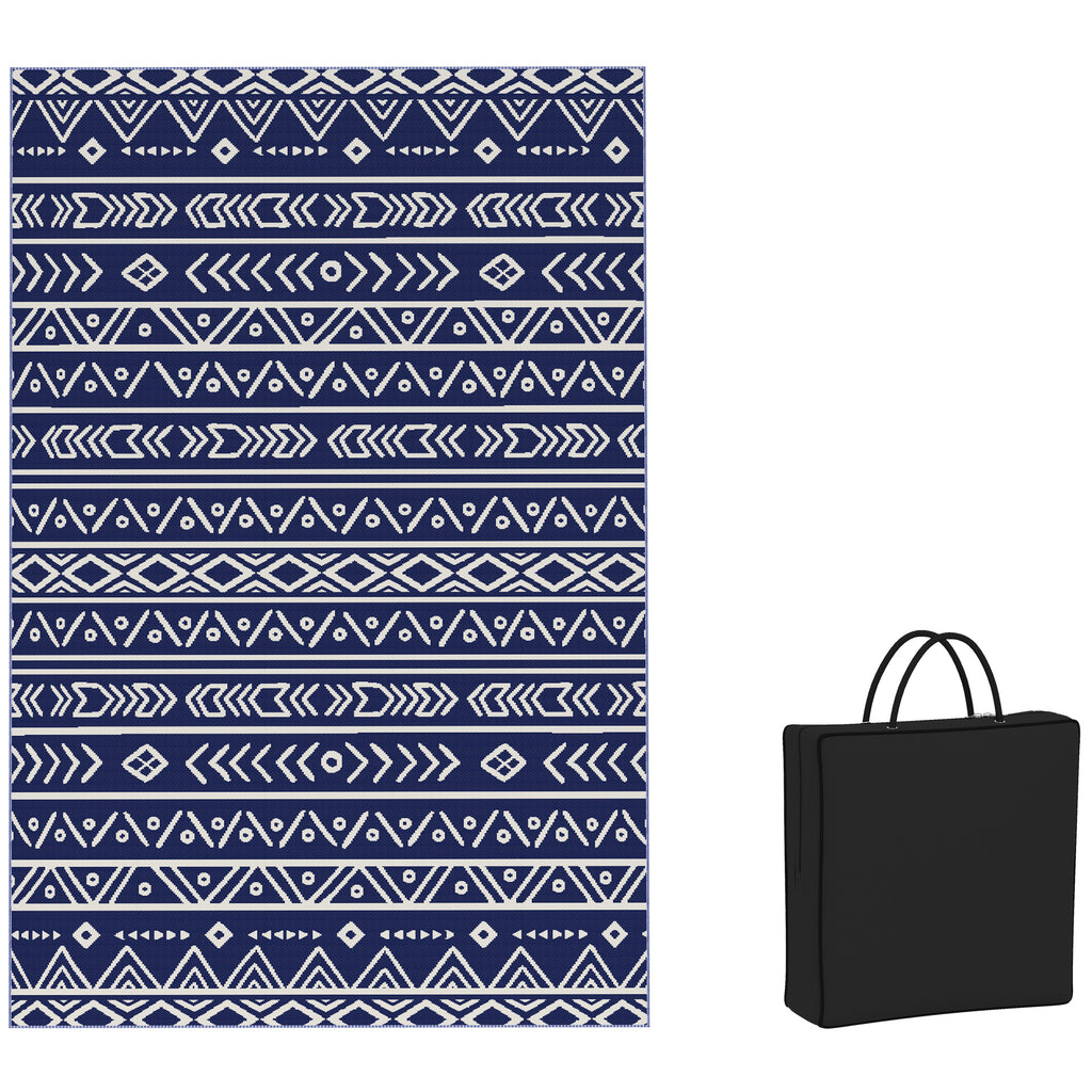 Reversible Geometric Style Outdoor Rug with Carry Bag, 182x274 cm, Blue and White