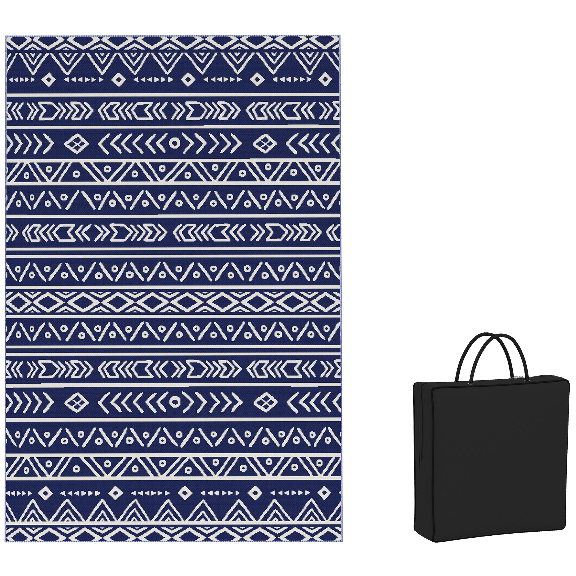 Reversible Geometric Style Outdoor Rug with Carry Bag, 182x274 cm, Blue and White