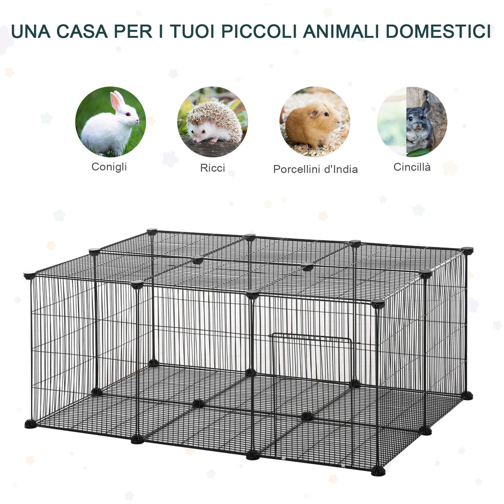 Rabbit and Small Animal Cage, 22 Modular Metal Panels with Door, Black, 105 x 70 x 45cm