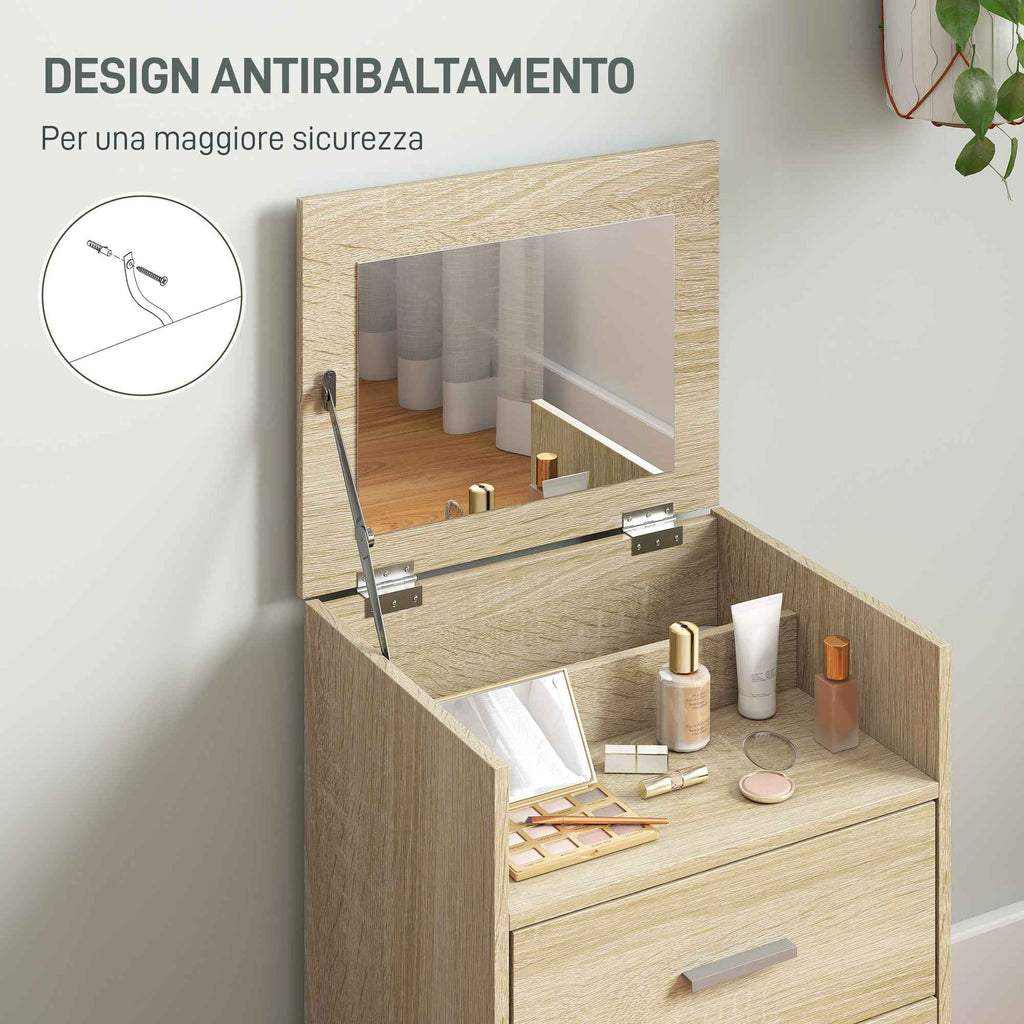 Dressing Table with Folding Mirror, Drawers and Stool, in Wood and Linen Effect Fabric, Wood Color