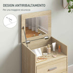 Dressing Table with Folding Mirror, Drawers and Stool, in Wood and Linen Effect Fabric, Wood Color