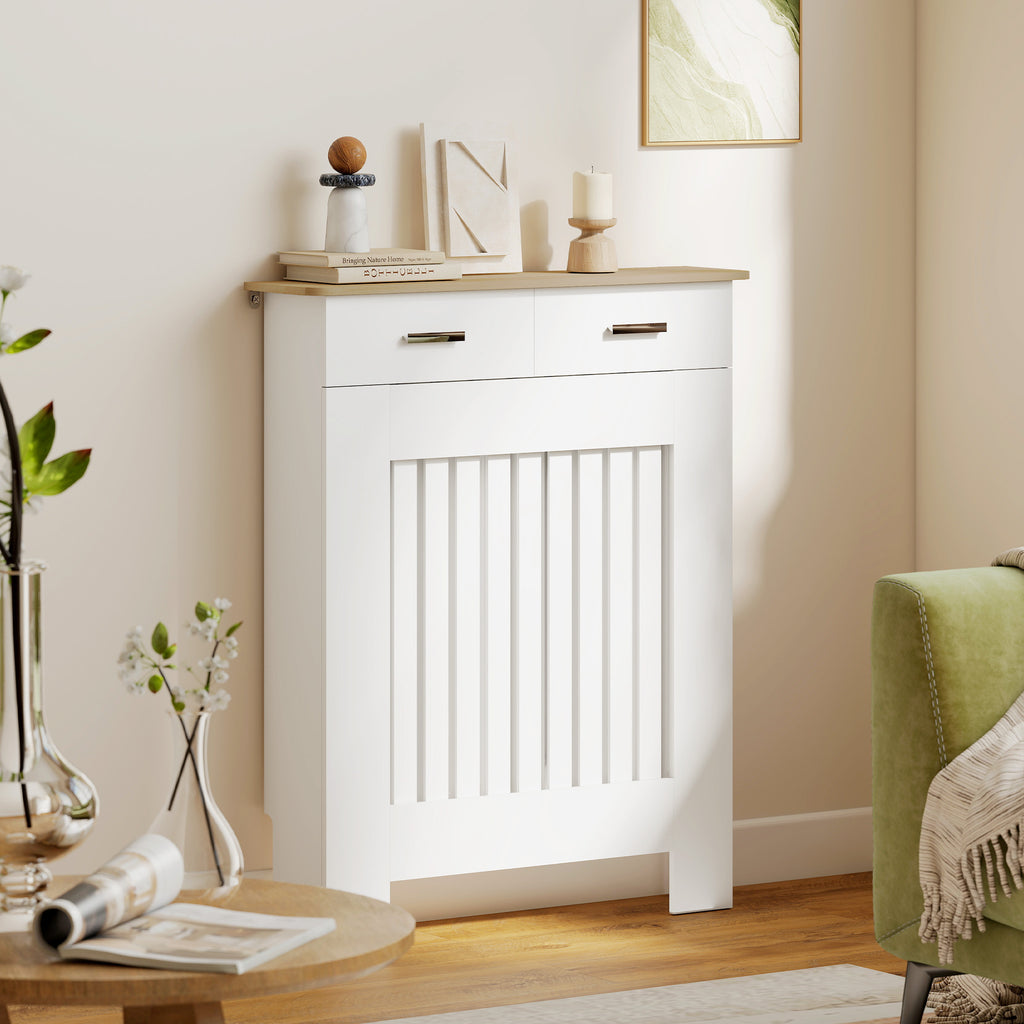 Anti-Tip Slatted Radiator Cover with Drawer, Wooden, 78x19x97 cm, White