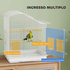 PawHut 4-Door Bird Cage with 2 Bowls, 2 Perches and Tray, Metal and Plastic, 47.5x36x54.5 cm, White
