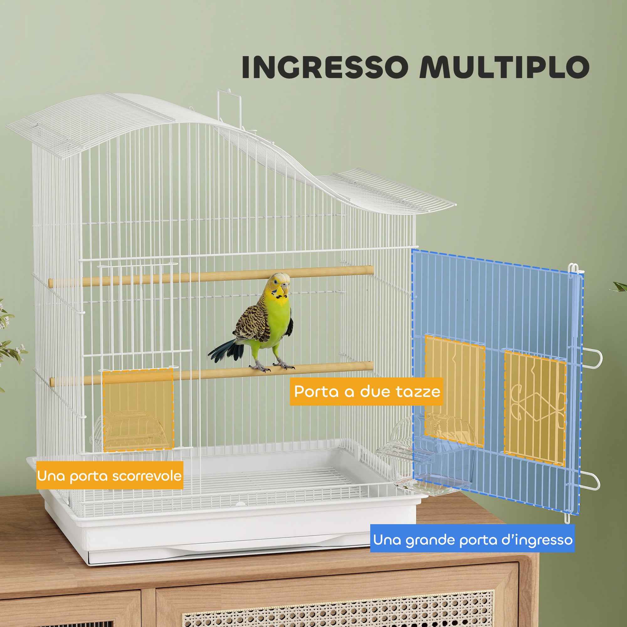 PawHut 4-Door Bird Cage with 2 Bowls, 2 Perches and Tray, Metal and Plastic, 47.5x36x54.5 cm, White