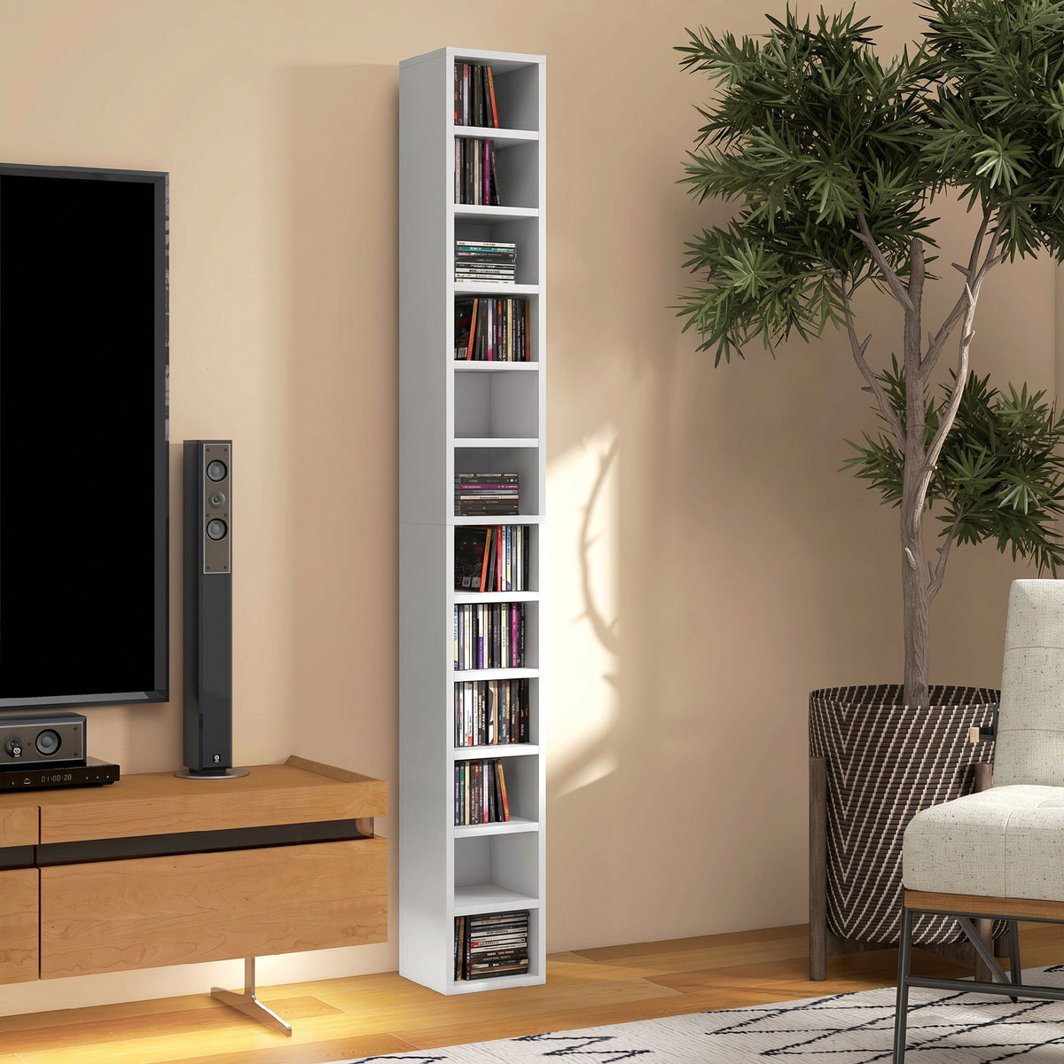 HOMCOM 12-Tier CD Storage Cabinet for 204 CDs, MDF and Chipboard, 21x20x175 cm, White