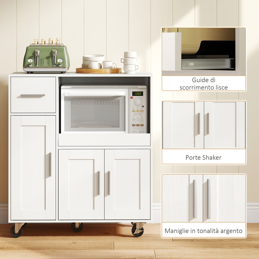 HOMCOM Wooden Microwave Cabinet with Drawer, 2 Cupboards, Open Shelf and Adjustable Top, 80x40x88.7 cm, White