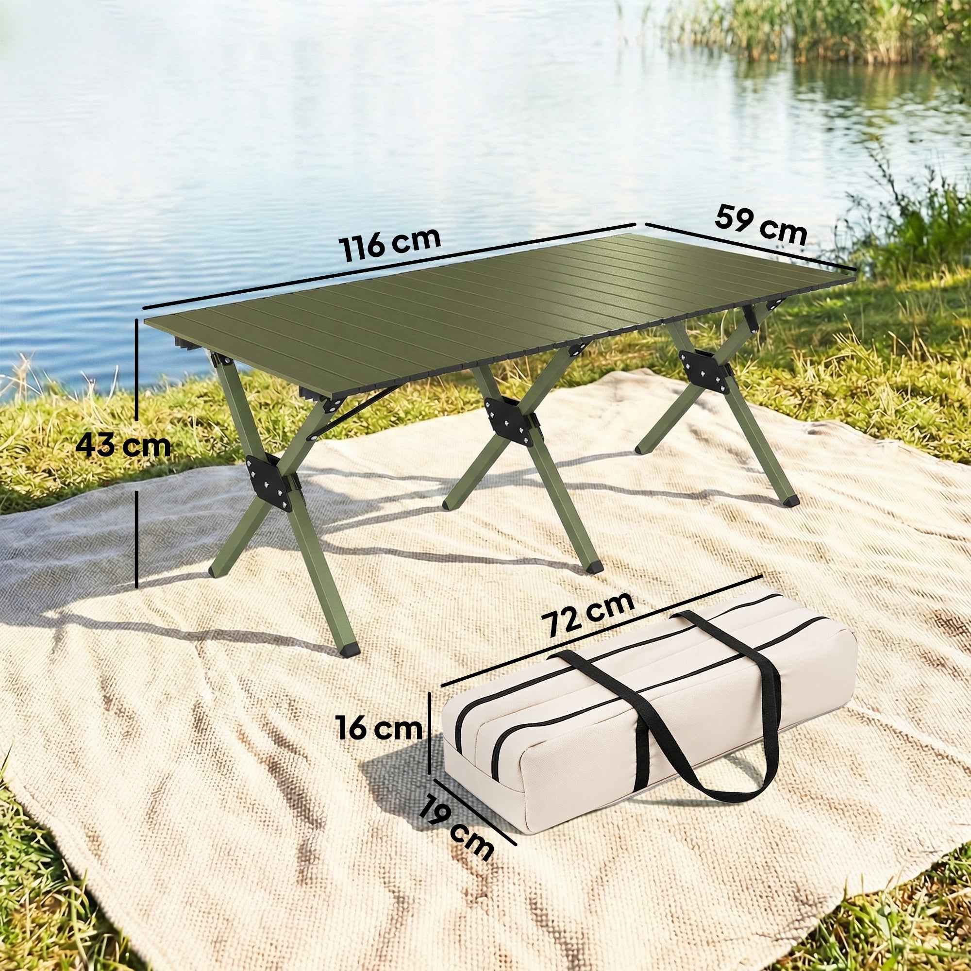 Outsunny 116cm Folding Camping Table, Waterproof Picnic Table with Roll-Up Top and Metal Frame, Portable for Garden, Park, BBQ, Green