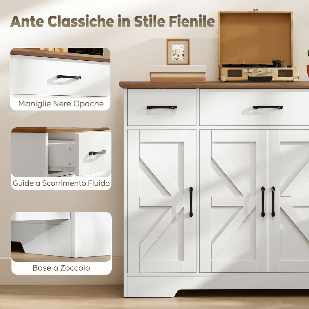 HOMCOM Rustic Kitchen Sideboard, Kitchen Cabinet with Soft-Close Doors, 3 Drawers, 3 Adjustable Shelves, Spice Rack, White