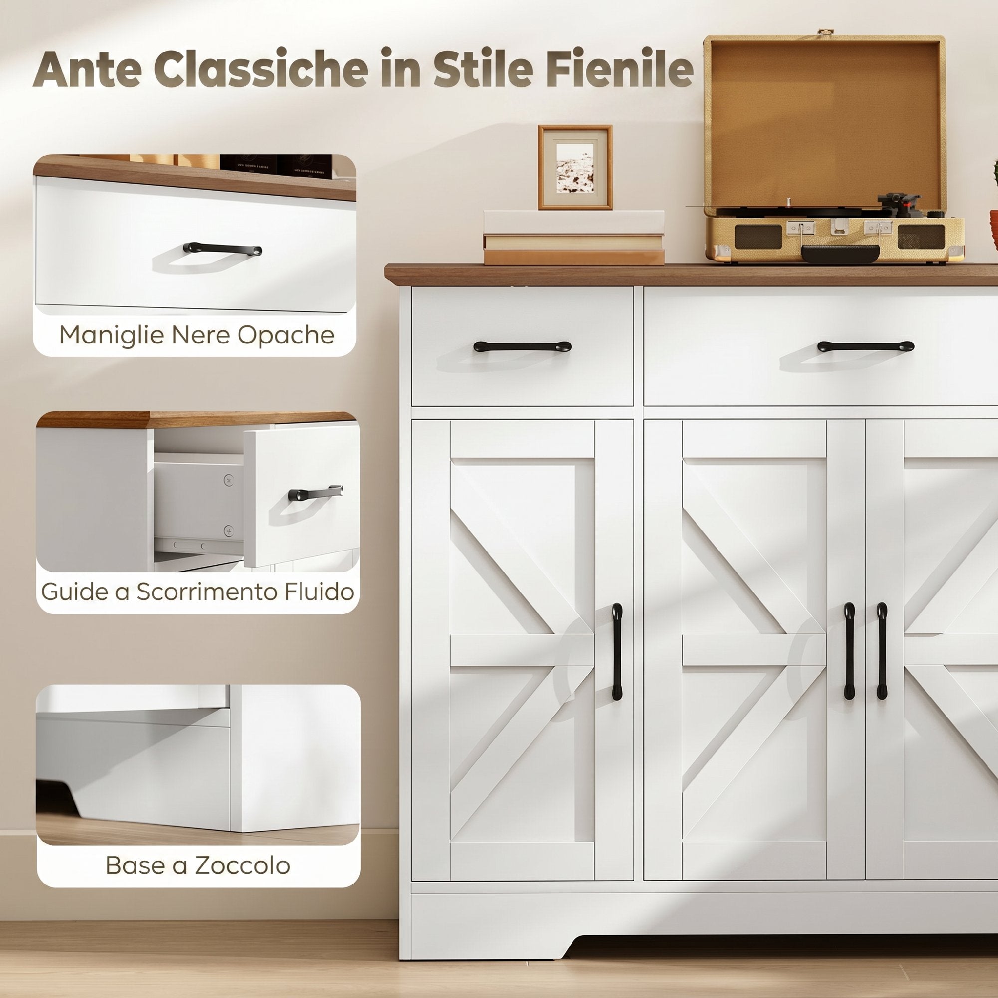 HOMCOM Rustic Kitchen Sideboard, Kitchen Cabinet with Soft-Close Doors, 3 Drawers, 3 Adjustable Shelves, Spice Rack, White