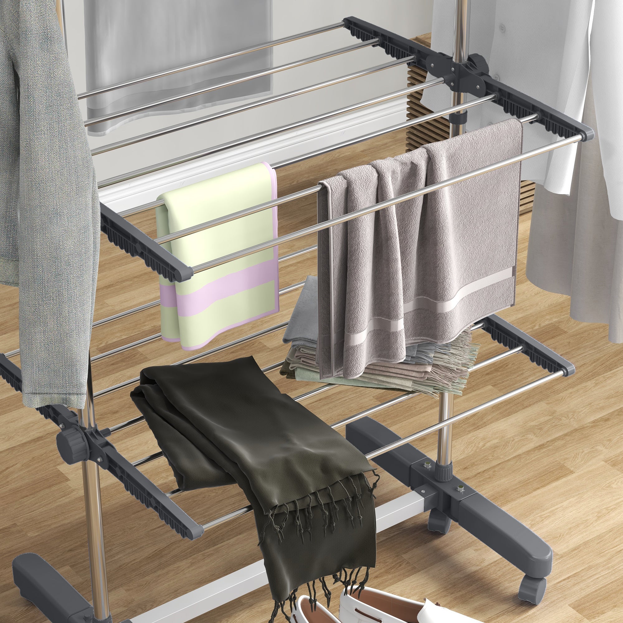Vertical Drying Rack with 4 Adjustable Shelves, in Steel and Plastic, 142x55x172 cm, Grey and Silver