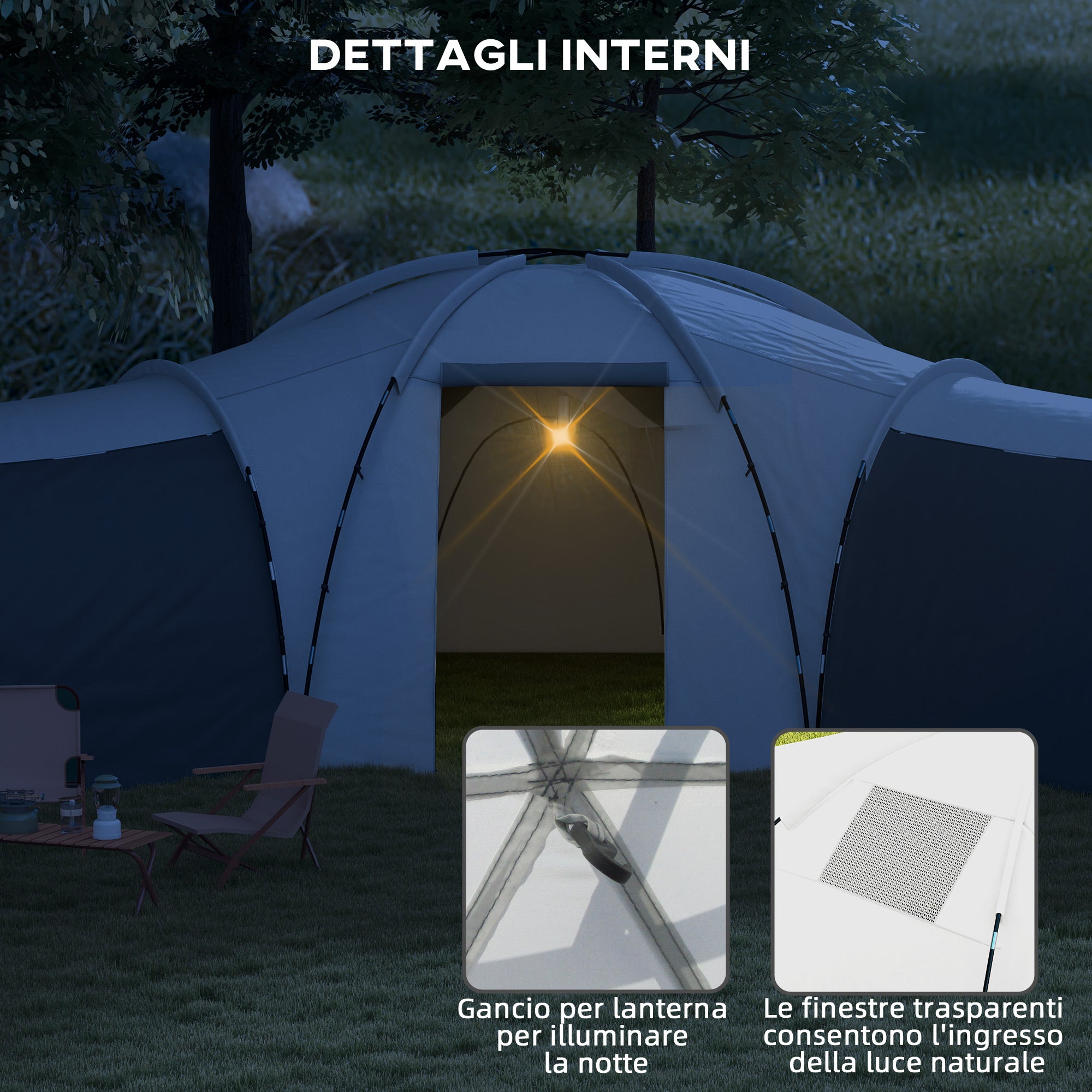 6-Person Waterproof Camping Tent with 3 Sleeping Areas, Living Area and Porch, Oxford Fabric, Grey