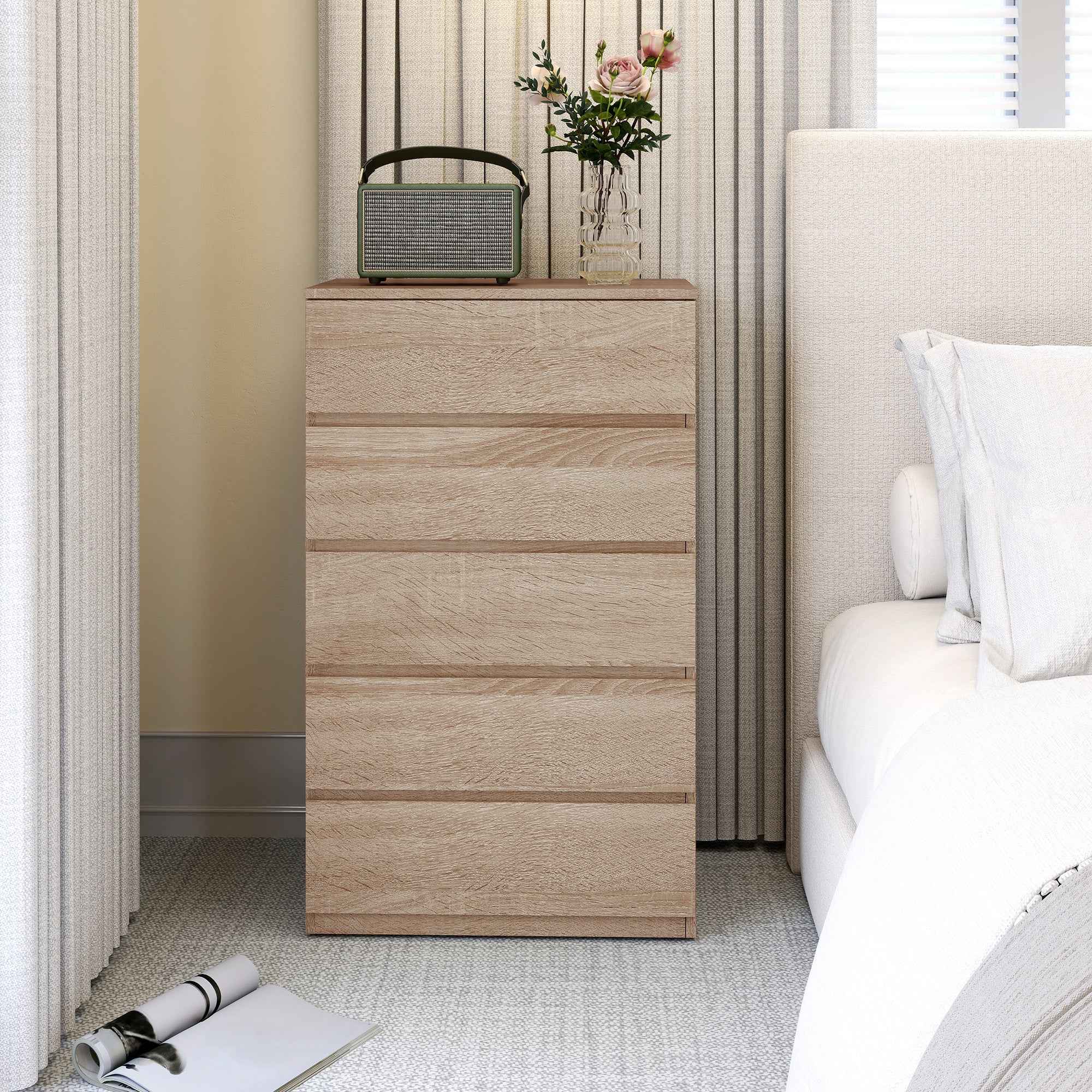 HOMCOM 5-Drawer Wooden Chest of Drawers with Metal Rails and Grooved Handles, 60x39x100 cm, Beech Color