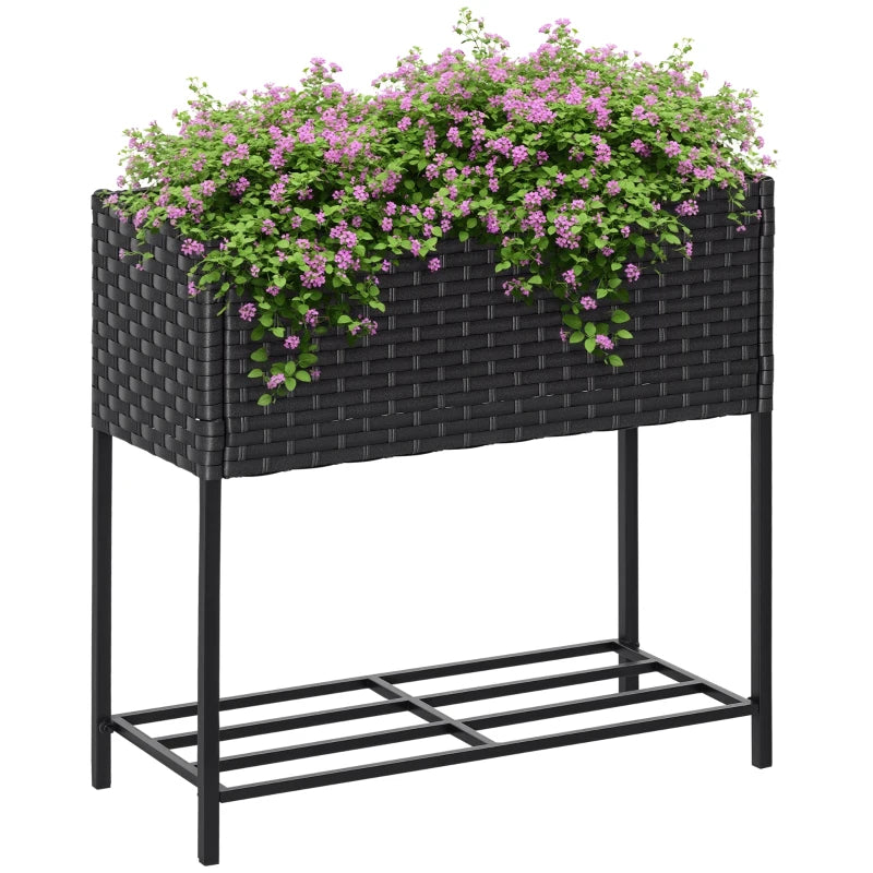 Raised Garden Bed, Wicker-Effect Planter with Shelf, Raised Garden Bed for Indoor and Outdoor Use, Grey (70cm x 30cm x 72cm) - Borge' Group Limited