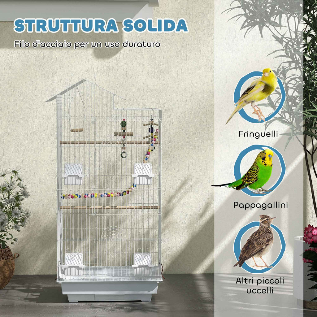 PawHut Bird Cage, Aviary with Handle and Doors, Cage with Swing, Bowls and Toys, 46x36x100 cm, White