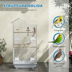 PawHut Bird Cage, Aviary with Handle and Doors, Cage with Swing, Bowls and Toys, 46x36x100 cm, White