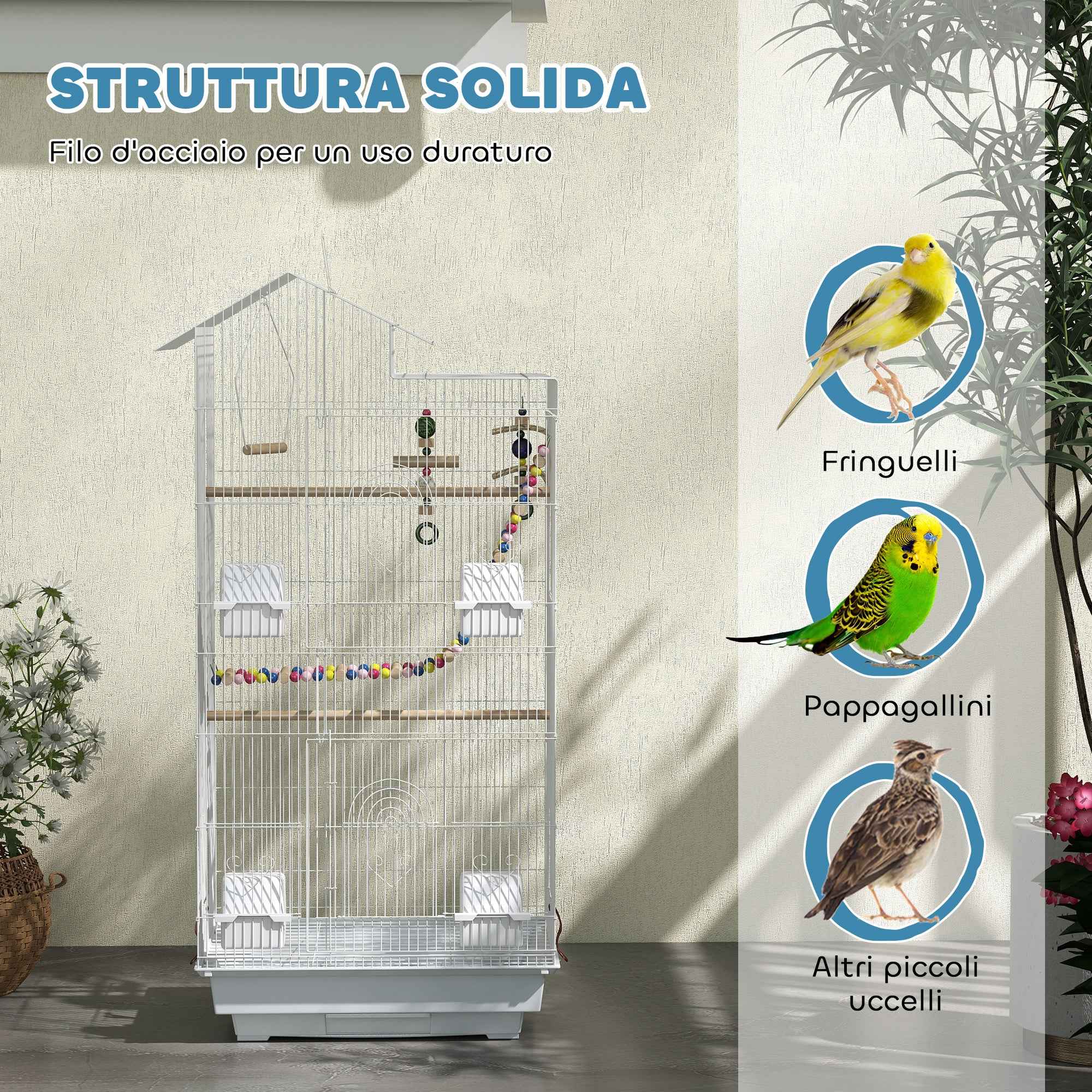 PawHut Bird Cage, Aviary with Handle and Doors, Cage with Swing, Bowls and Toys, 46x36x100 cm, White