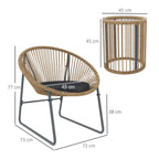 3 Piece Rattan and Steel Garden Set with 2 Chairs with Cushions and Cylinder Coffee Table, Multicolor
