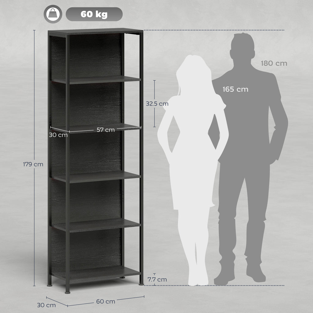 Industrial Style 5-Tier Bookcase with LED Lighting, Metal and Wood, 60x30x179 cm, Black