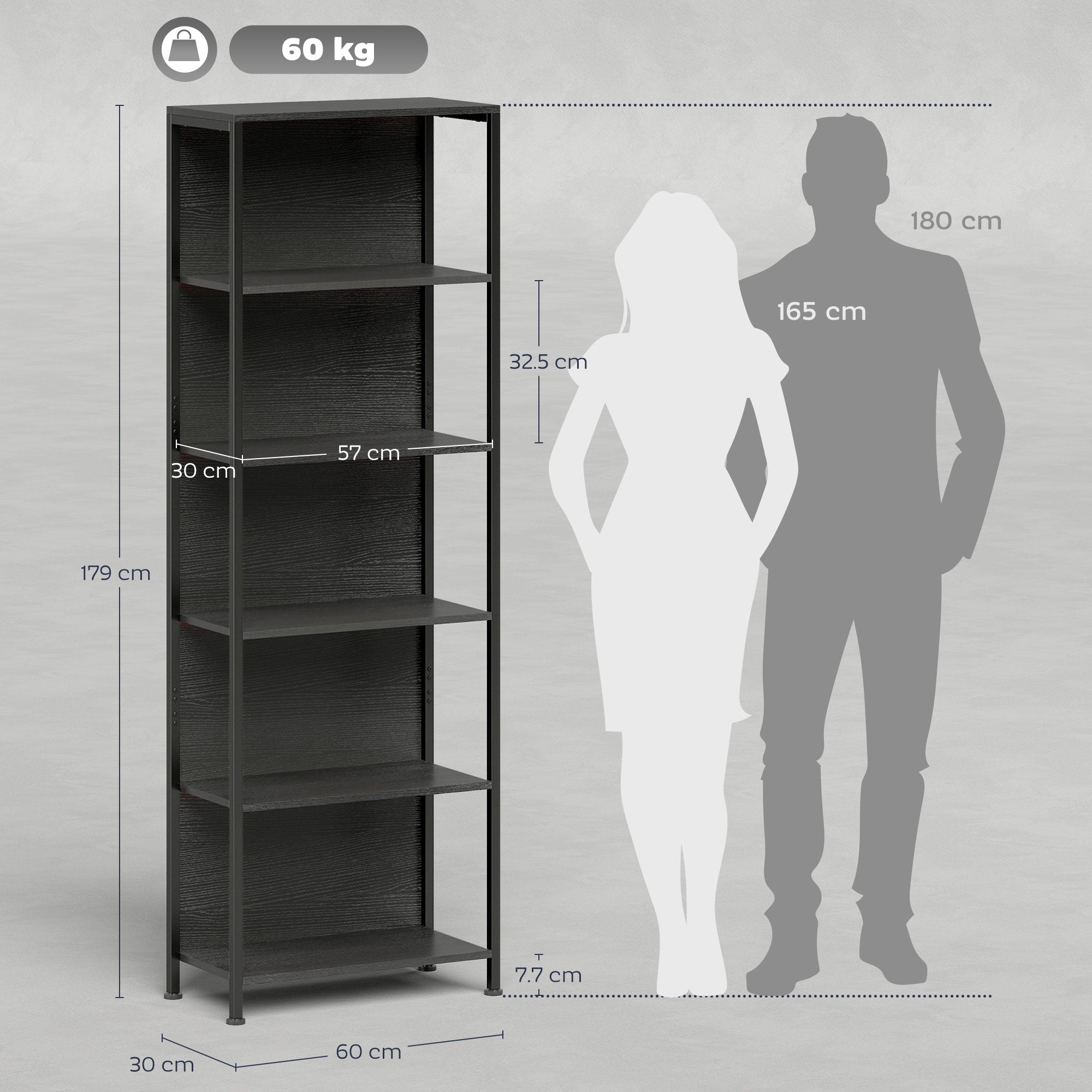 Industrial Style 5-Tier Bookcase with LED Lighting, Metal and Wood, 60x30x179 cm, Black