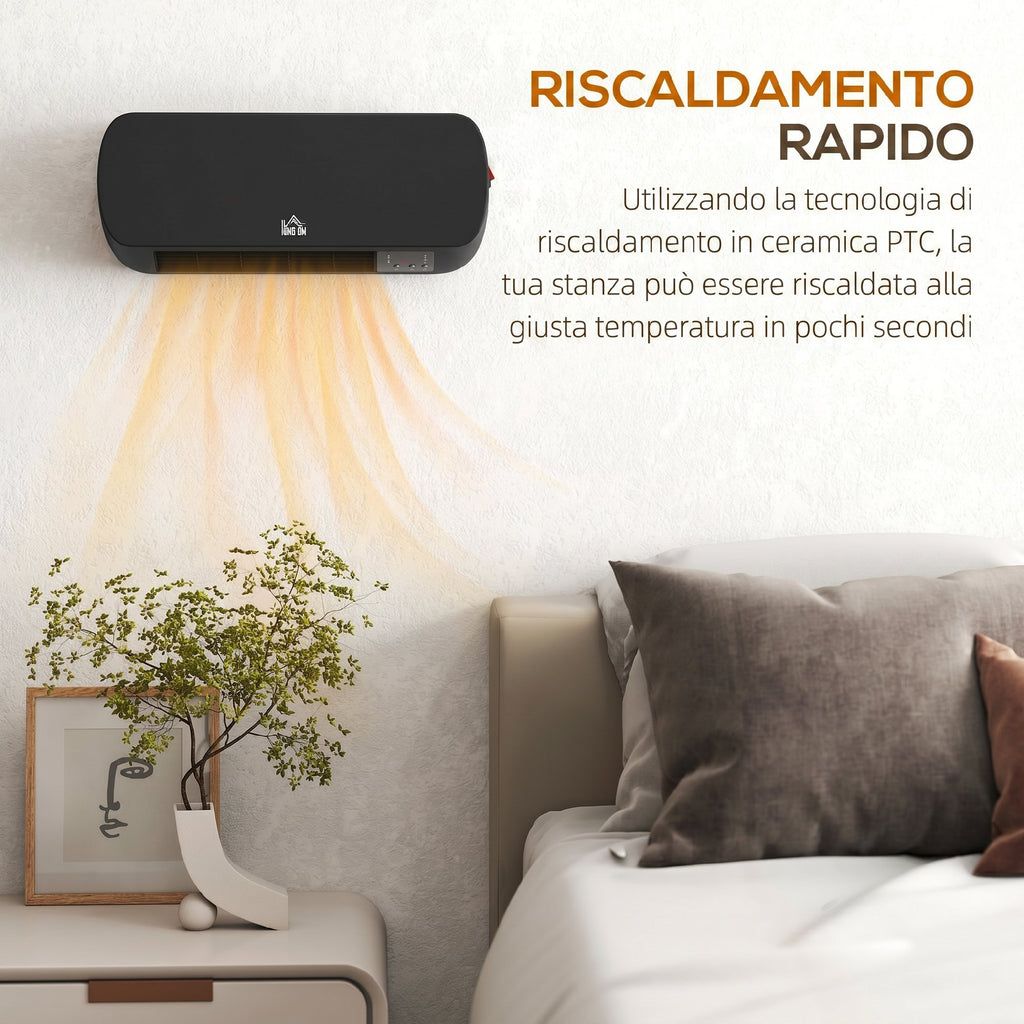 HOMCOM Low-Consumption Wall-Mounted Electric Heater with Remote Control, Adjustable Temperature and 12-Hour Timer, Black