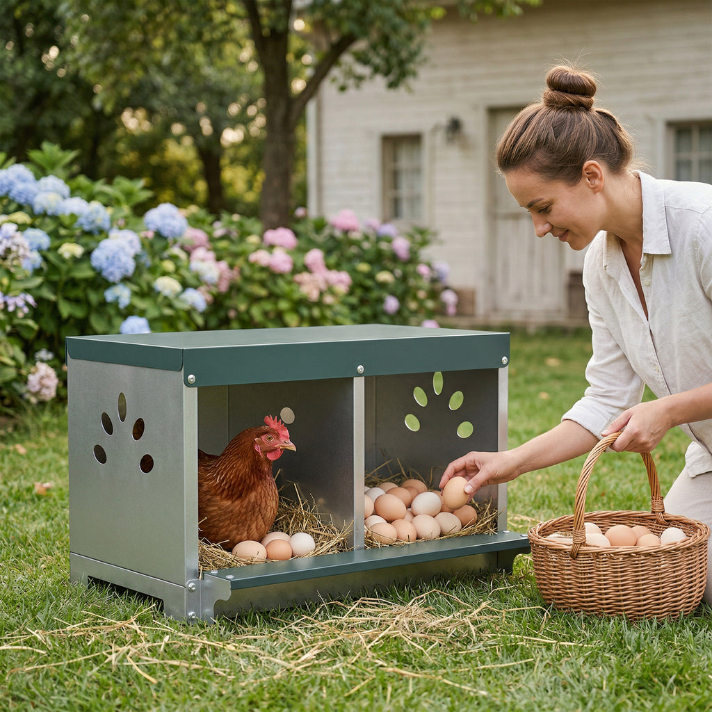 PawHut 2-Panel Steel Hen Nest with Raised Base, Roof and Ventilation Holes, Silver