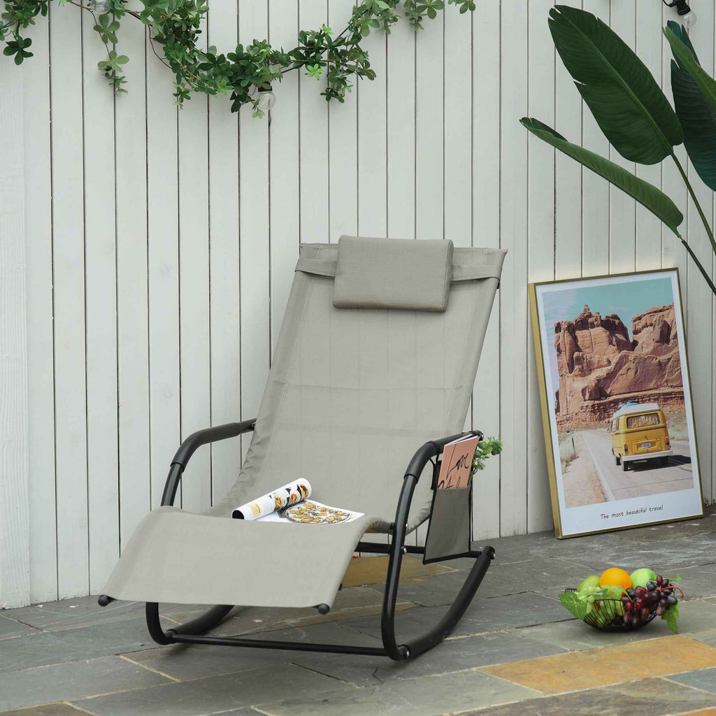 Outsunny Garden Rocking Chair with Headrest and Side Pocket, 150x62x88 cm, Black and Grey